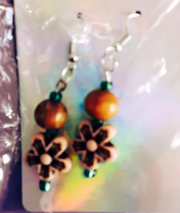 Wooden flower beaded earrings
