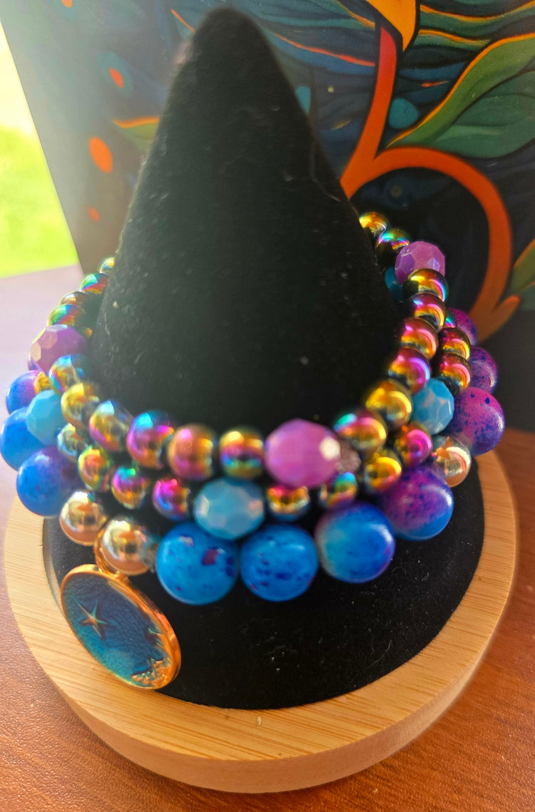Blue and purple beaded hematite bracelet set with moon pendant