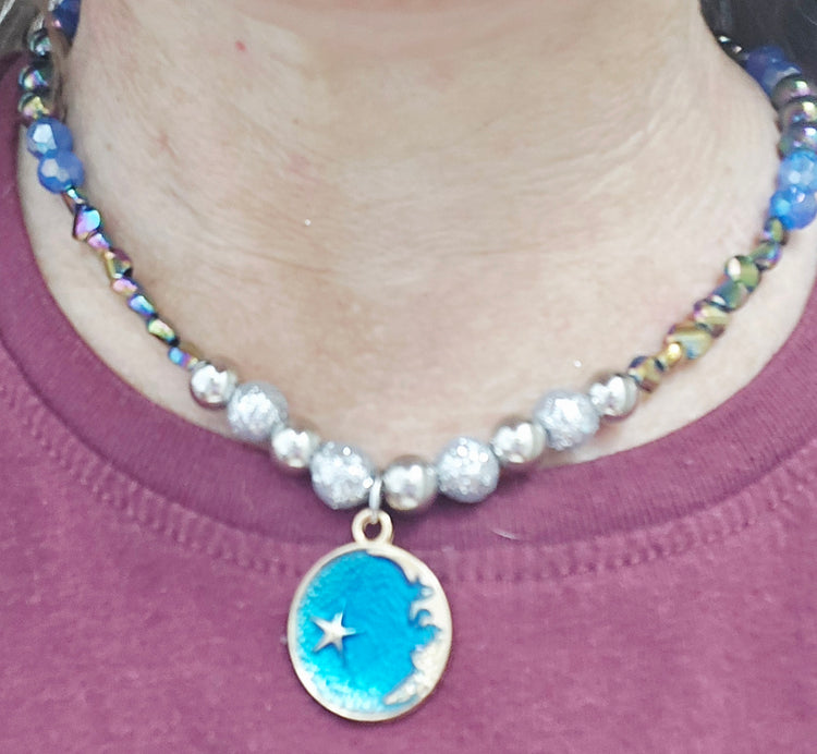 Hematite and silver beaded necklace with moon pendant