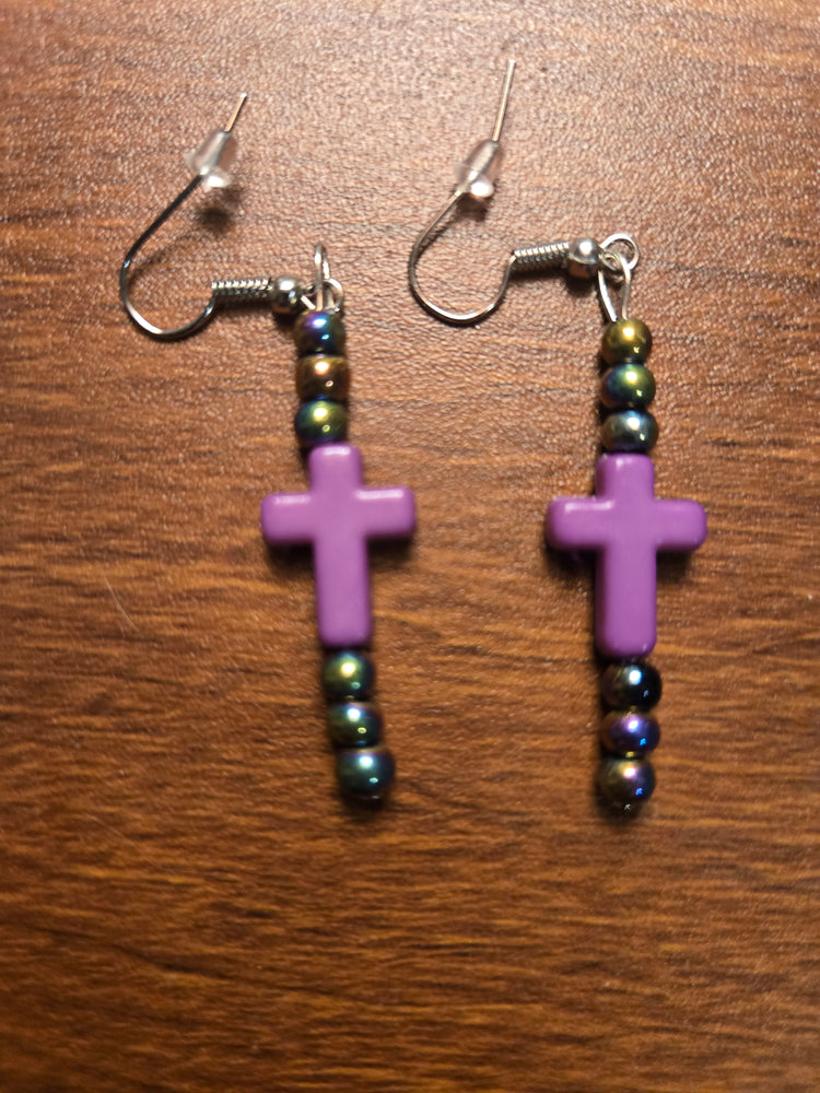 Hematite purple cross earrings