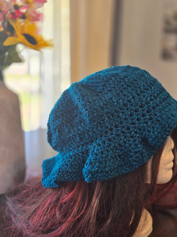 Blue sparkling boho crocheted hat