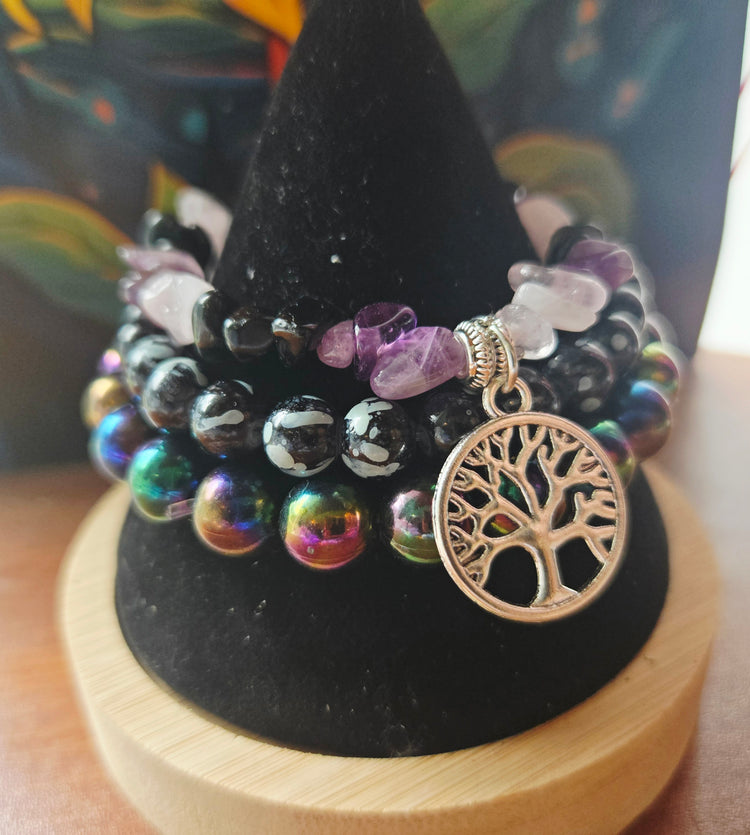 Rose quartz, Black Onyx, Amethyst and hematite bracelet set