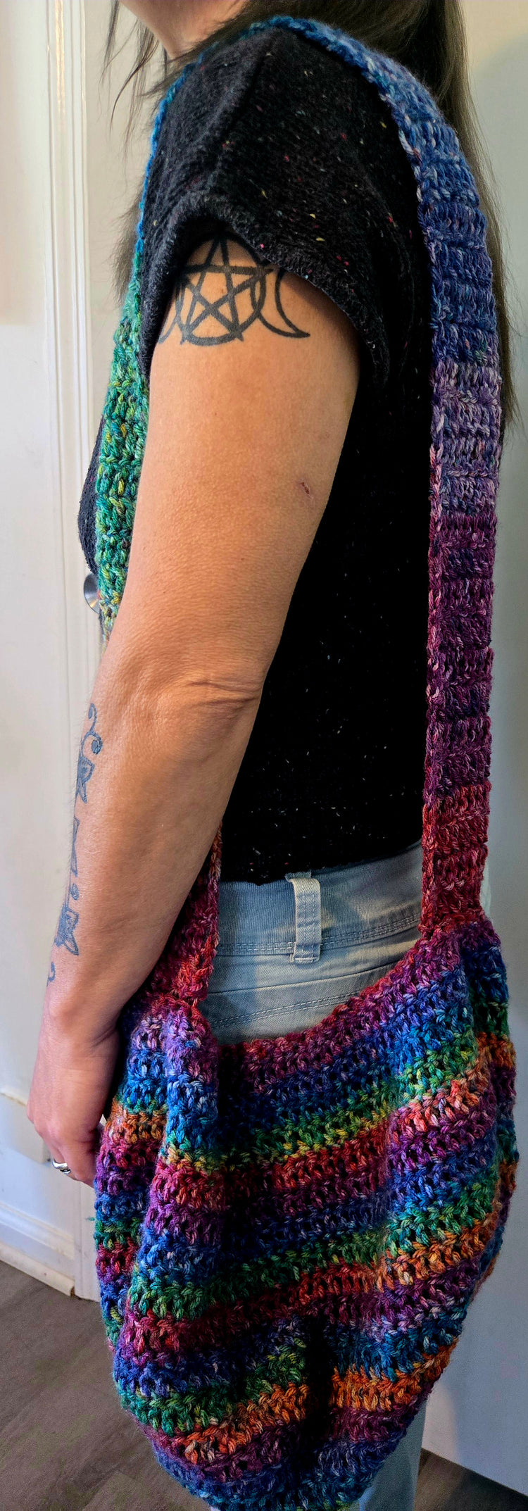 Multicolored purple crocheted boho handbag