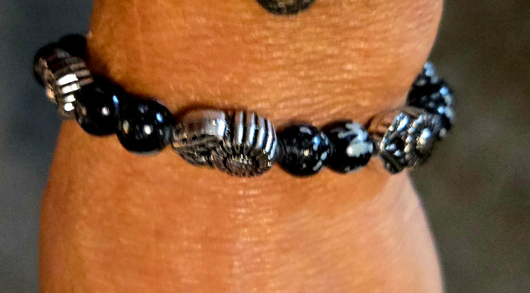 Silver flowers with black and Grey beaded bracelet