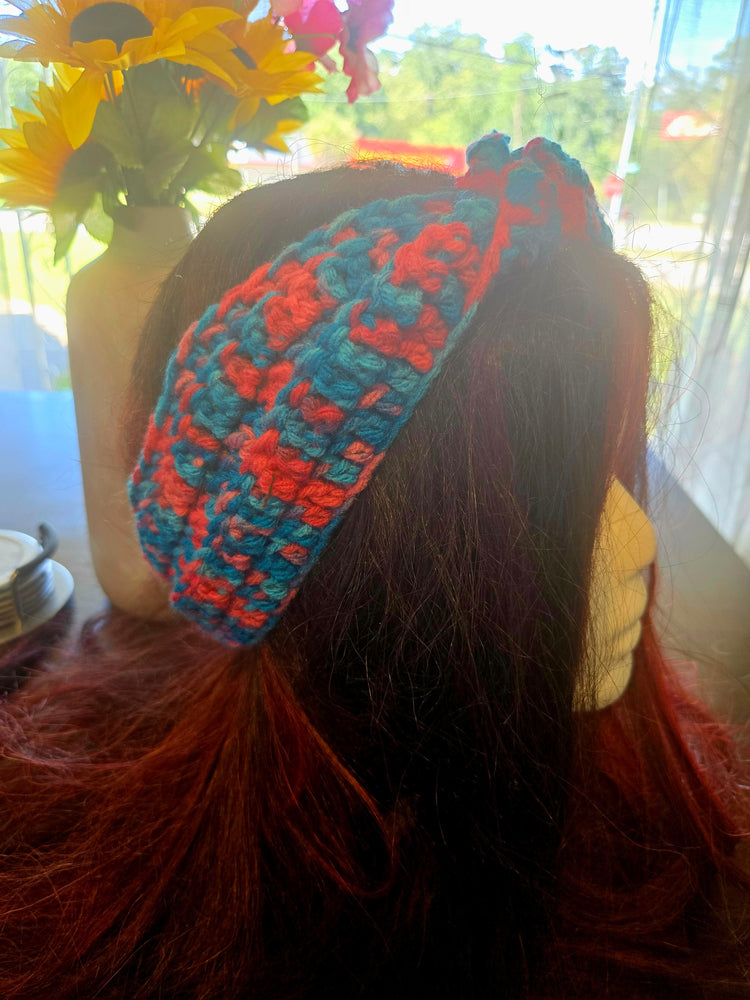 Crocheted multi colored blue and pink hairbands
