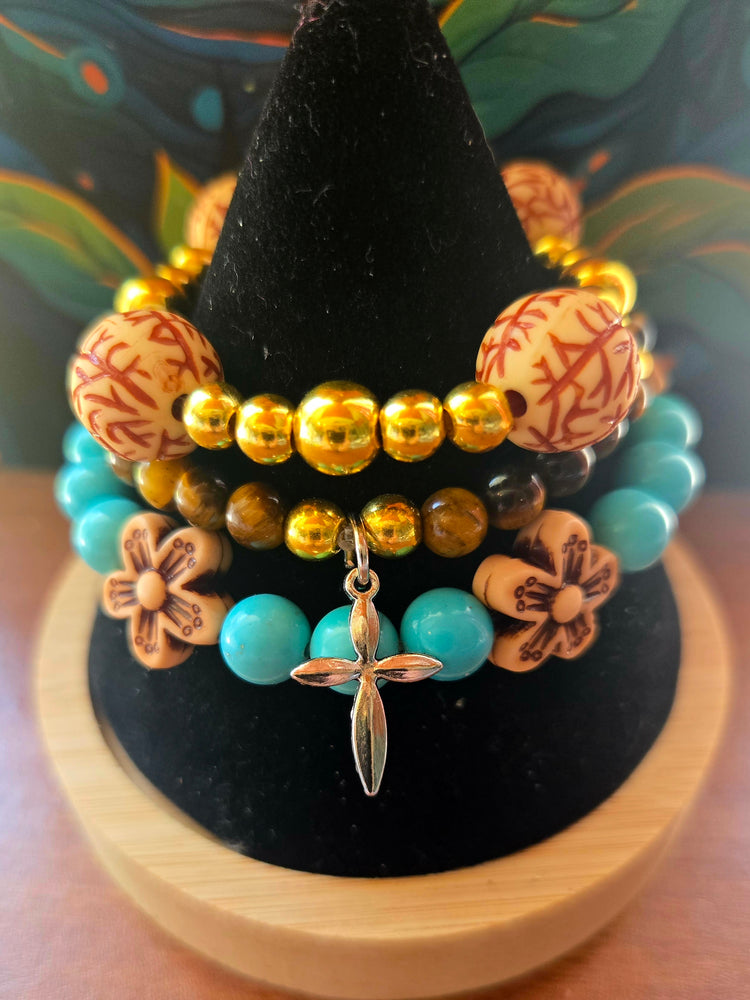 Tiger's eye and turquoise beaded bracelet set with cross pendant