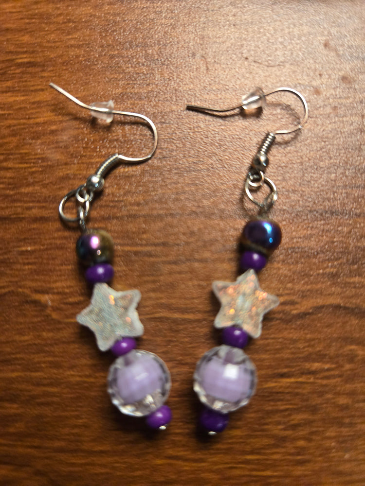 Hematite purple and glitter star beaded earrings