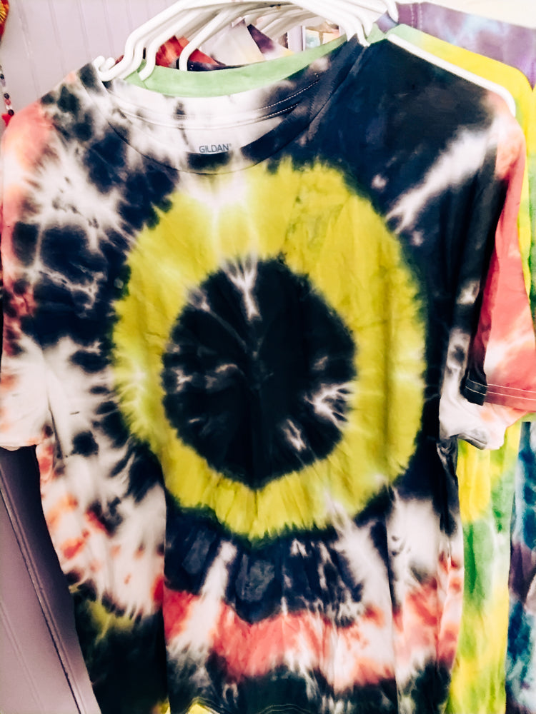 Large yellow red and black tie dyed tee shirt
