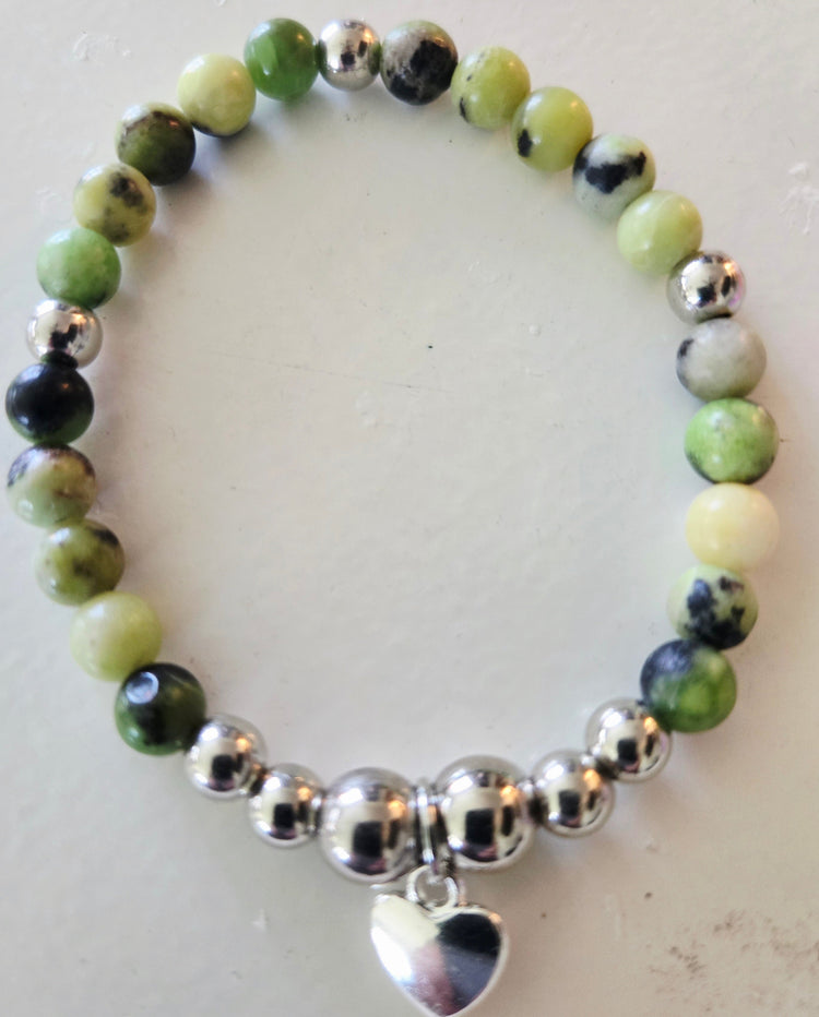 Australian jaded and silver beaded bracelet with heart charm