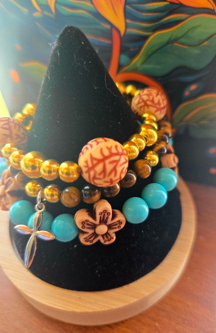 Tiger's eye and turquoise beaded bracelet set with cross pendant