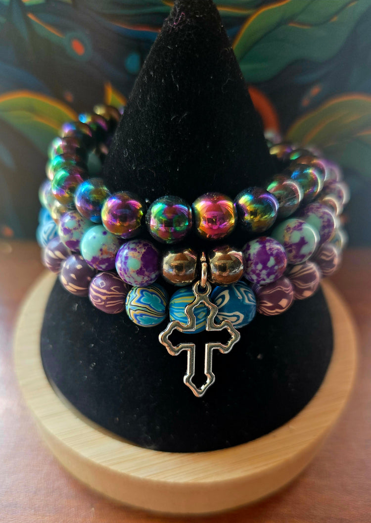 Purple blue jasper and hematite beaded bracelet set with silver cross pendant