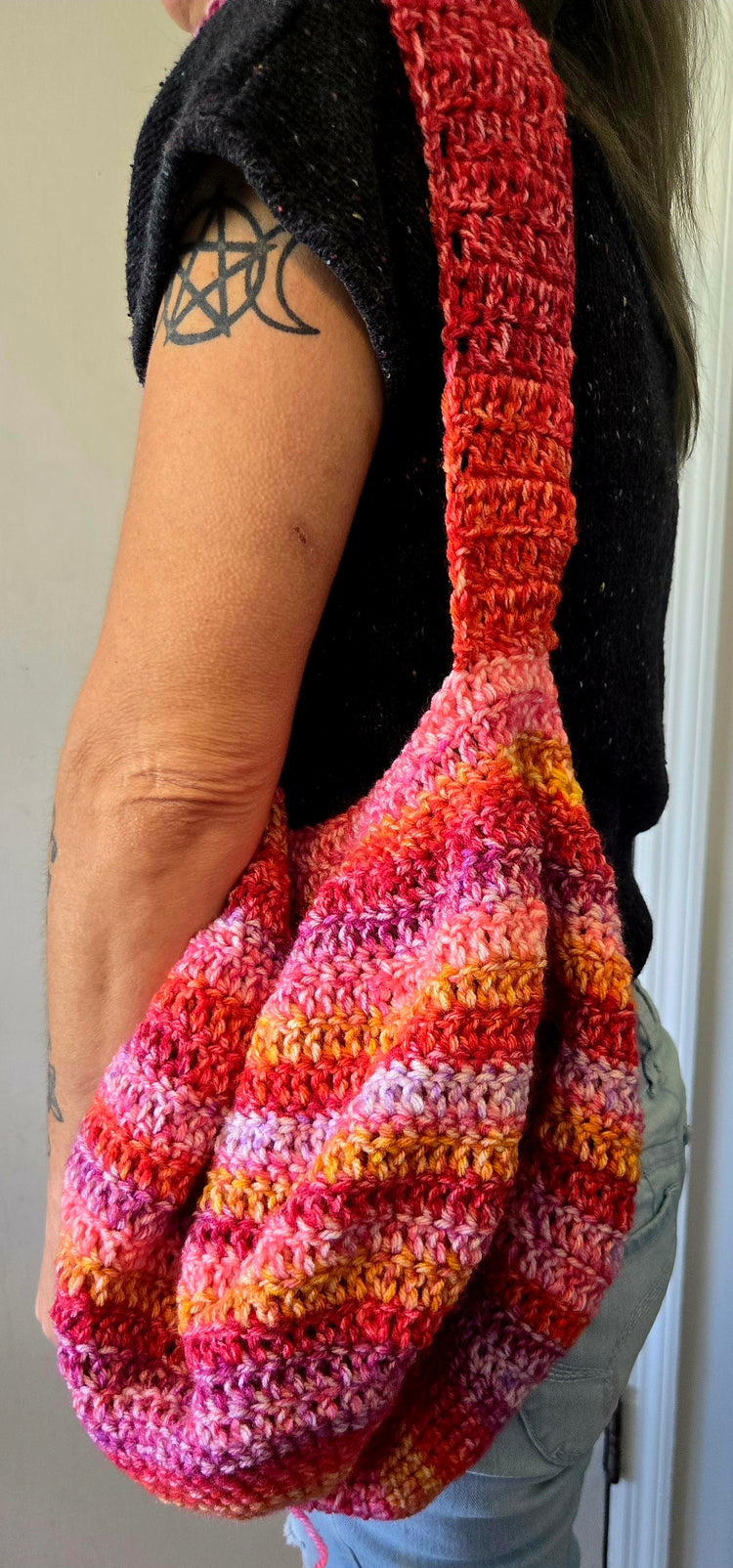 Multicolored Pink boho crocheted handbag