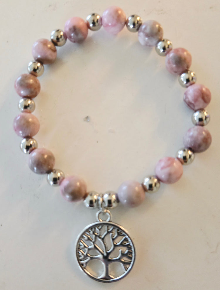 Pink Zebra Jade bracelet with tree of life pendant