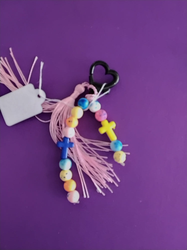 Tie dye beaded cross keychain with tassels