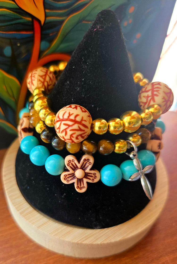 Tiger's eye and turquoise beaded bracelet set with cross pendant