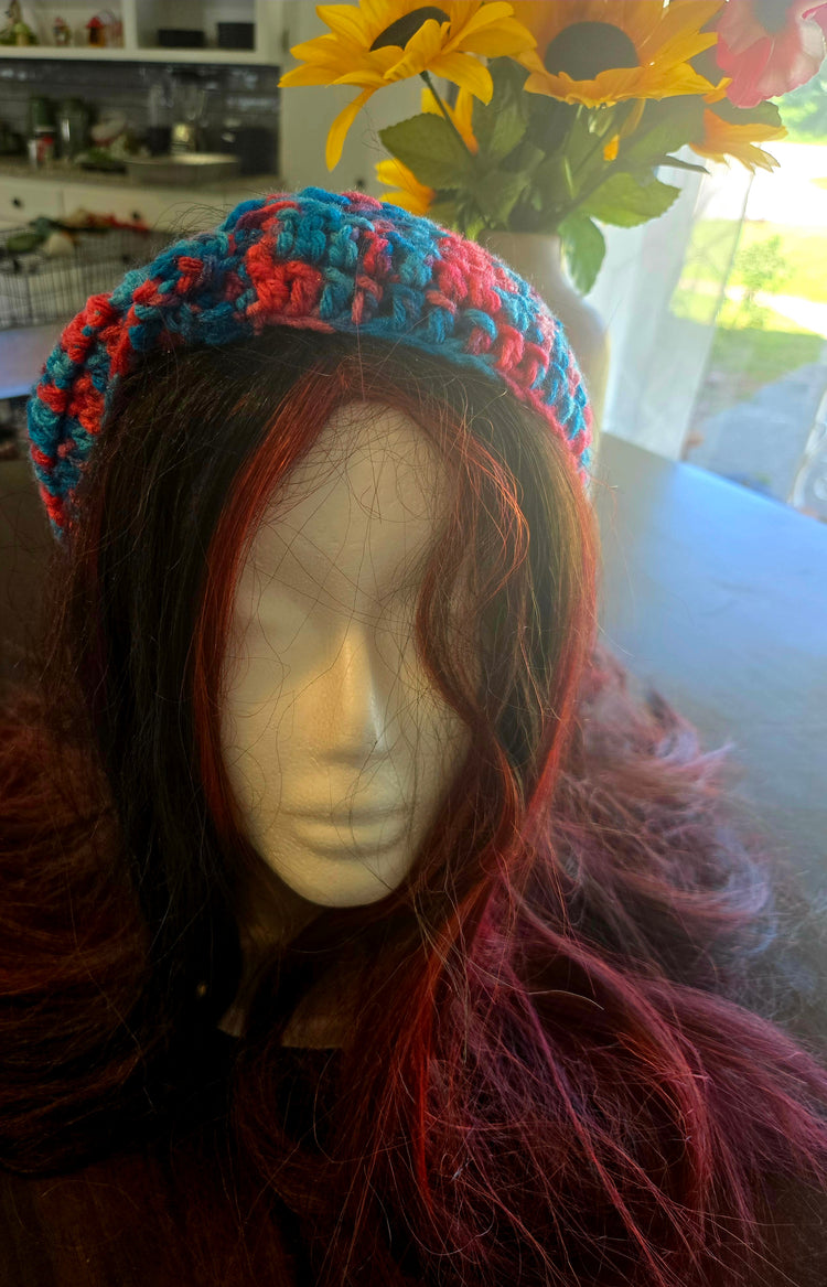 Crocheted multi colored blue and pink hairbands