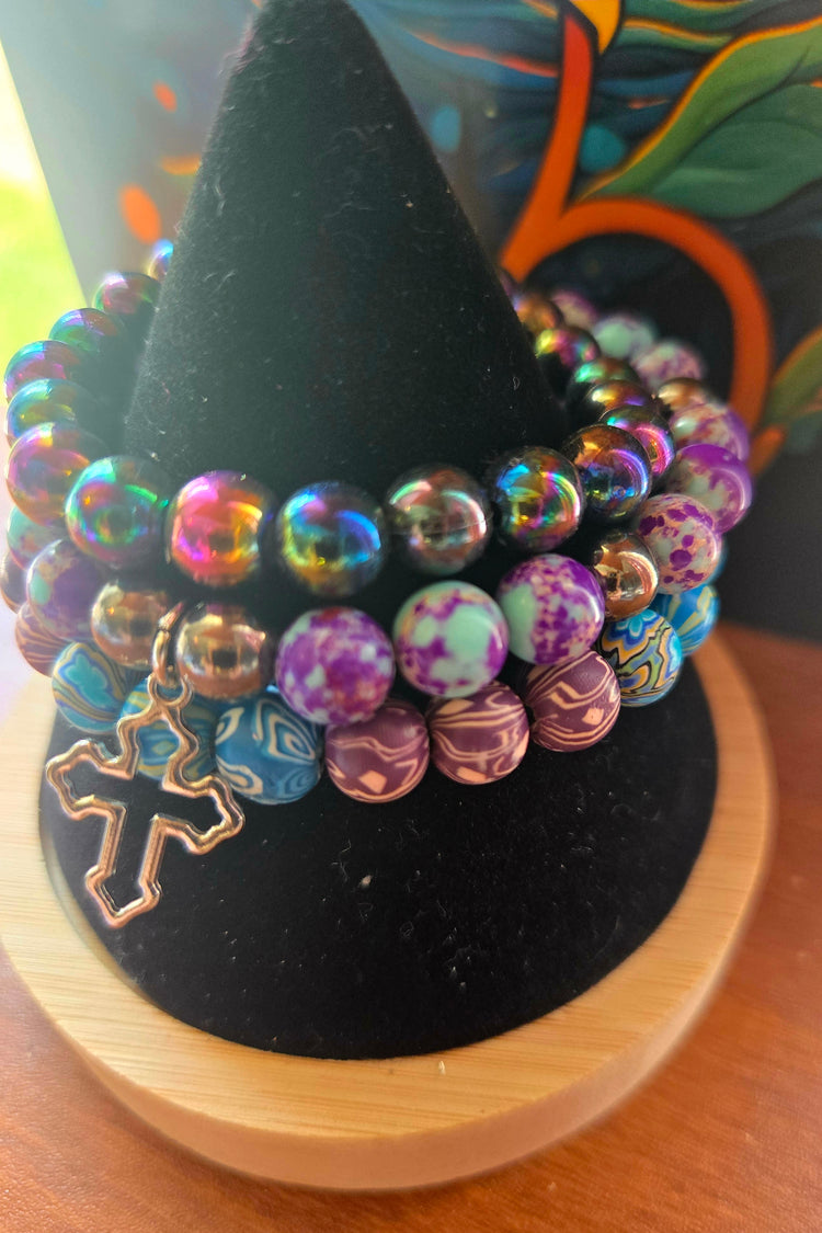 Purple blue jasper and hematite beaded bracelet set with silver cross pendant