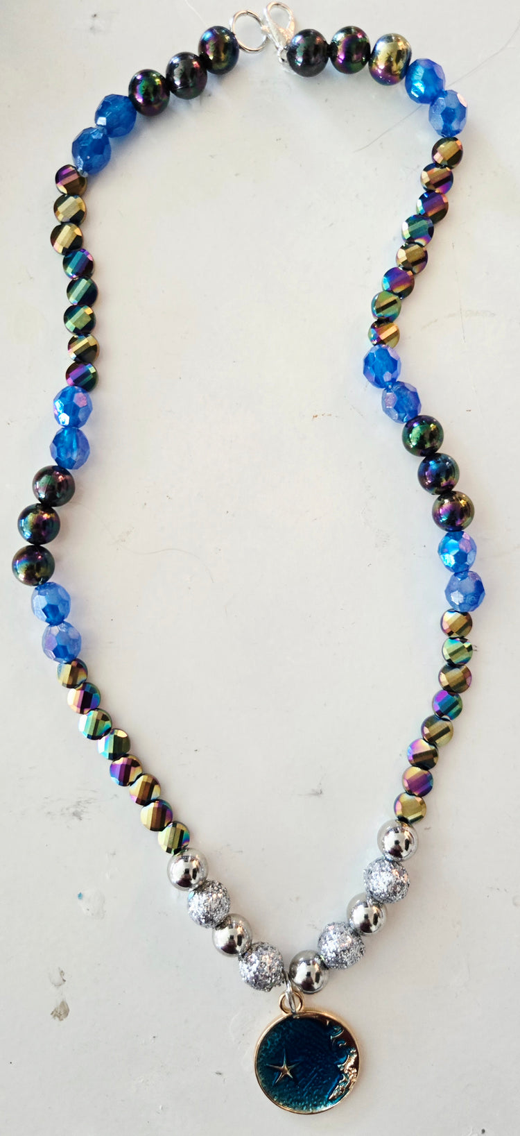 Hematite and silver beaded necklace with moon pendant