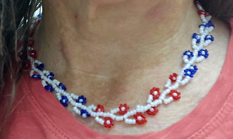 Red white and blue very flowery daisy chain necklace
