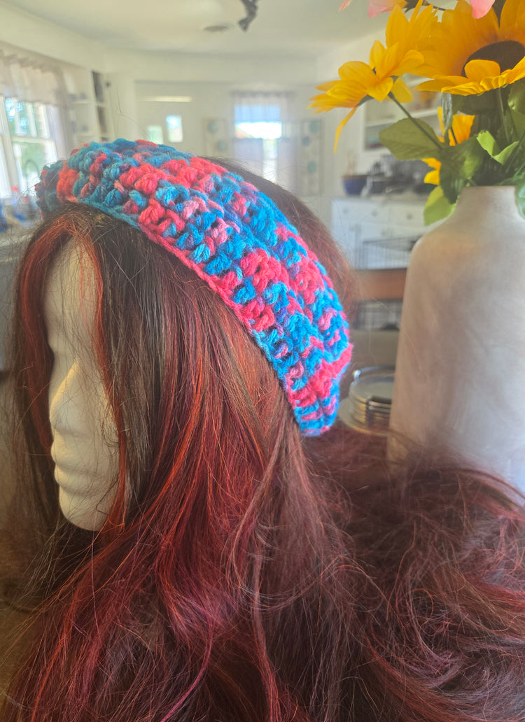Crocheted multi colored blue and pink hairbands
