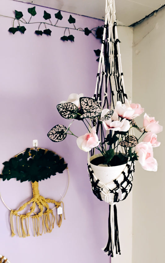 Black and cream netted macrame plant holder