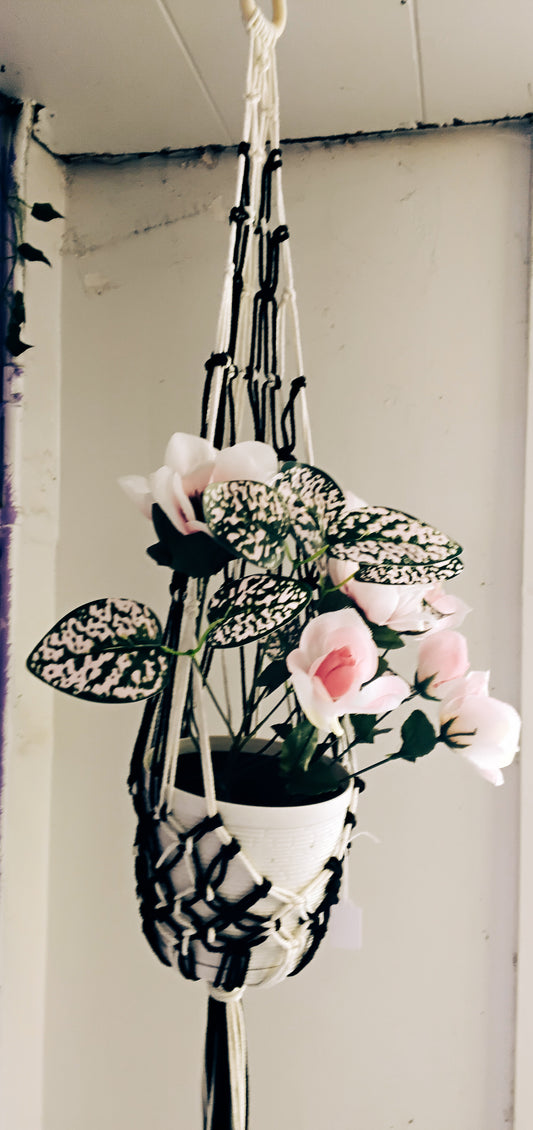 Black and cream netted macrame plant holder