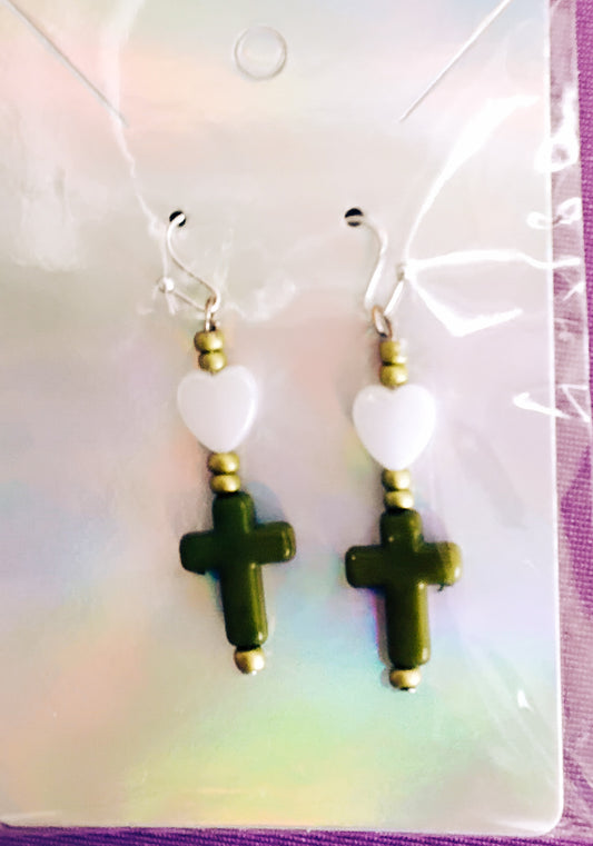 Green heart and cross beaded earrings