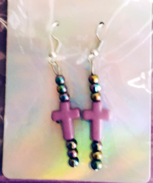Hematite purple cross beaded earrings