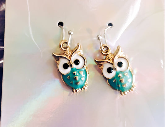 Turquoise and gold owl earrings