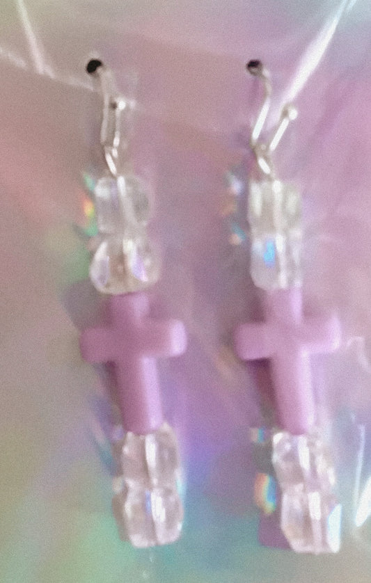 Purple cross with crystal beads earrings