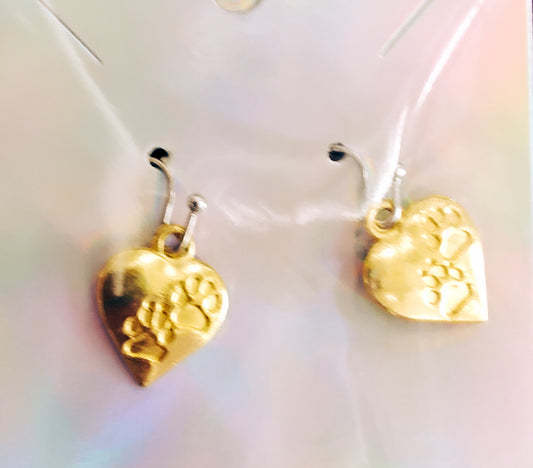 Gold heart paw prints earrings
