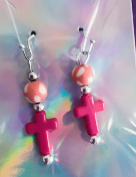 Pink cross beaded earrings