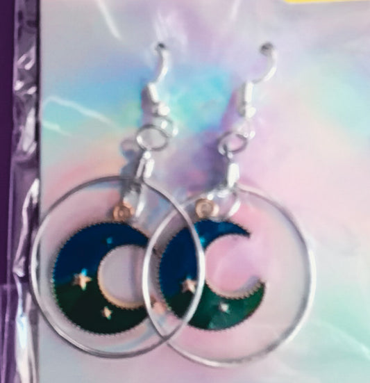 Blue hooped moon earrings