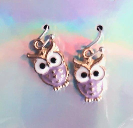 Purple and gold owl earrings