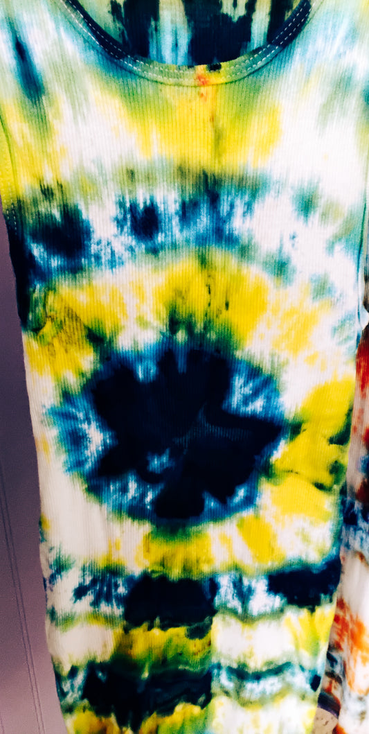 Unisex small blue and yellow tie dyetank top