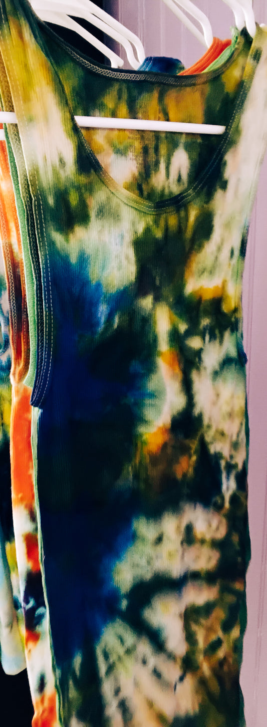 Camo green and blue small unisex tie dye tank top