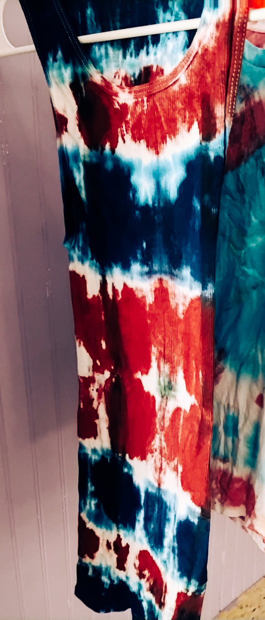 Red and blue unisex tie dye tank top