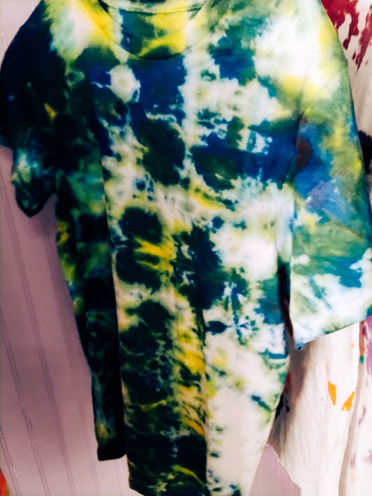 Small green yellow and blue tie dyed tee shirt
