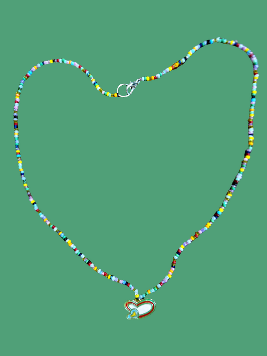 Multi color beaded necklace with heart pendant