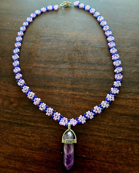 Purple and white daisy chain with matching crystal pendant