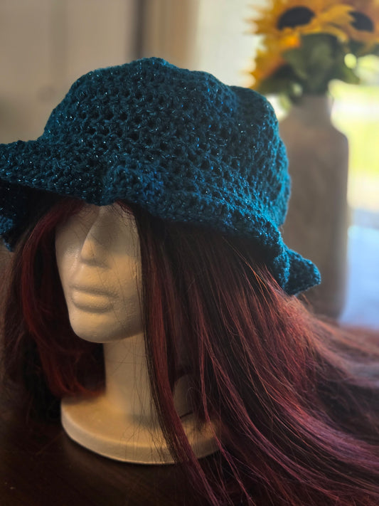 Blue sparkling boho crocheted hat