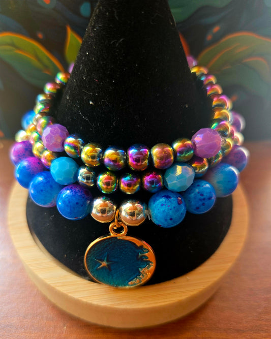 Blue and purple beaded hematite bracelet set with moon pendant
