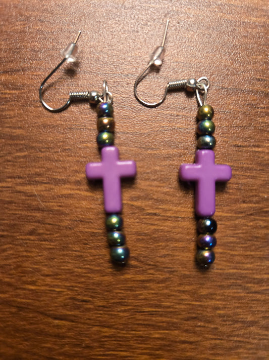 Hematite purple cross earrings