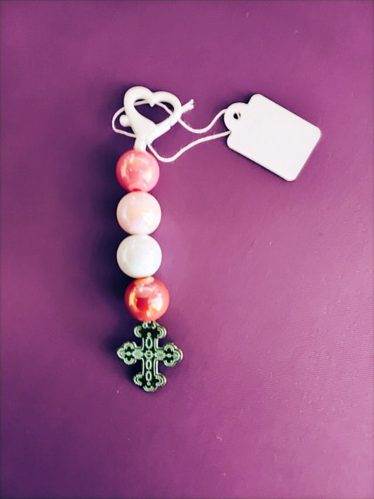 Big beaded pink and white cross keychain
