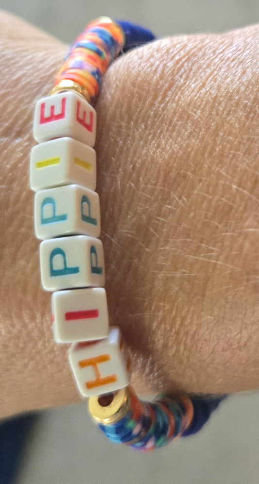 HIPPIE word bracelet with tie dyed beads