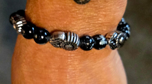 Silver flowers with black and Grey beaded bracelet