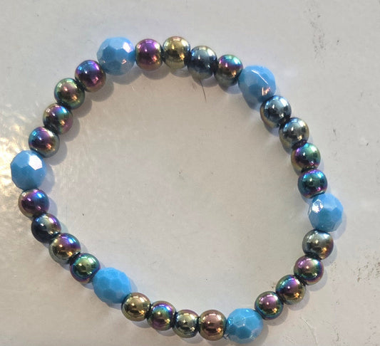 Blue and hematite small beaded bracelet