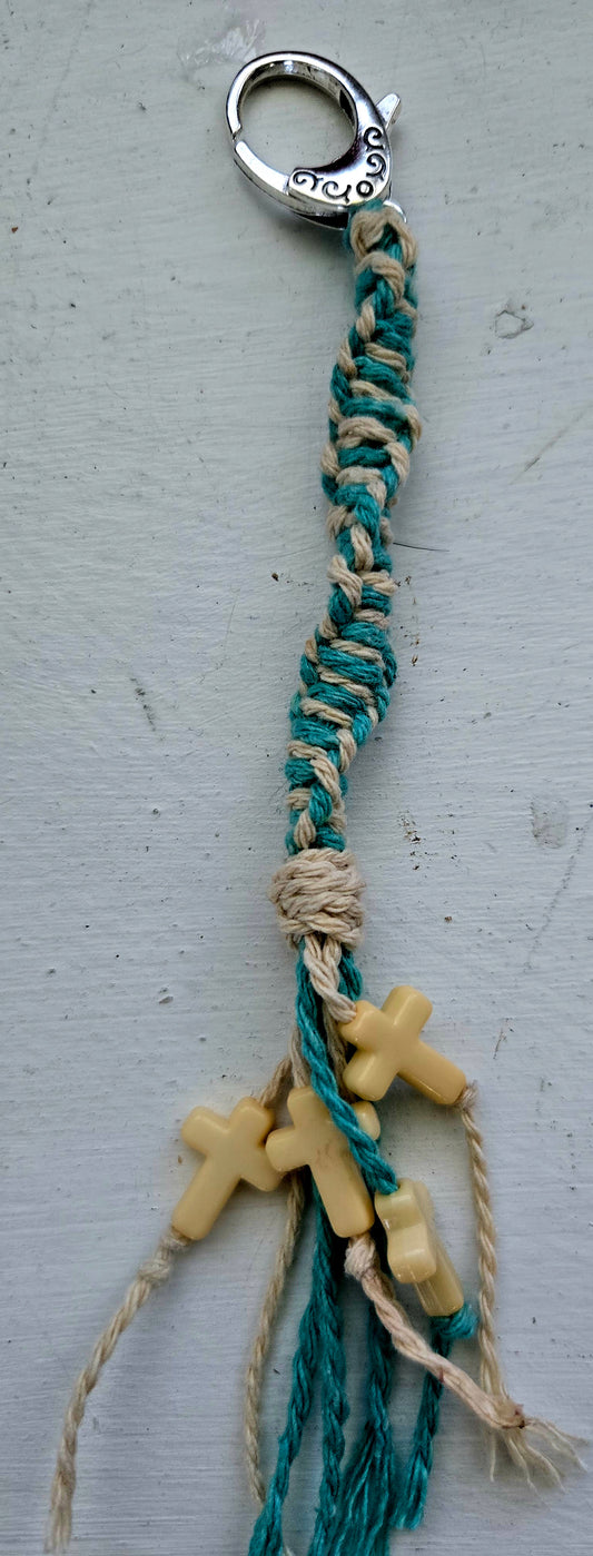 Turquoise and cream macrame keychain with cross charms