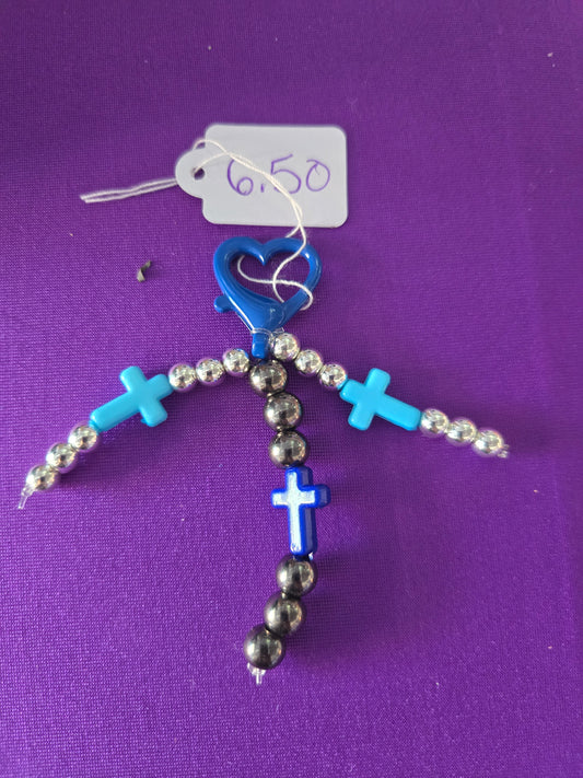 Blue cross, silver beaded keychain