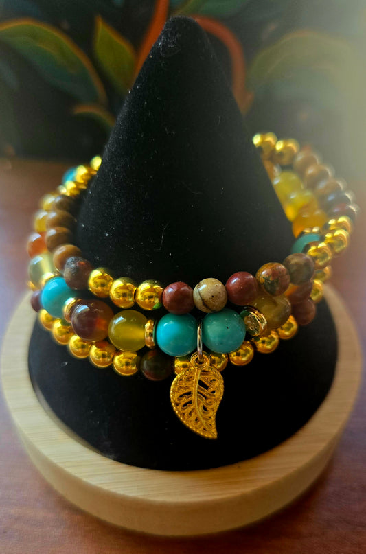 Turquoise, amber and tiger's eye 3 bracelet combo